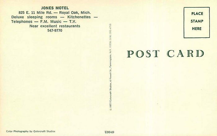 Hotel Royal Oak (Jones Motel, Jones Royal Motor Inn) - Vintage Postcard Back